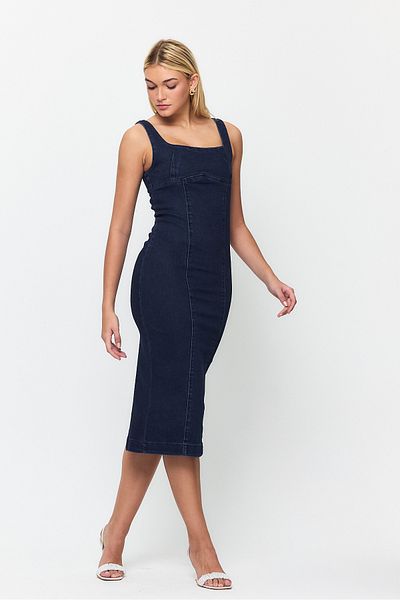 TREND KOMBİN Rochie lungă din denim cu bretele bleumarin