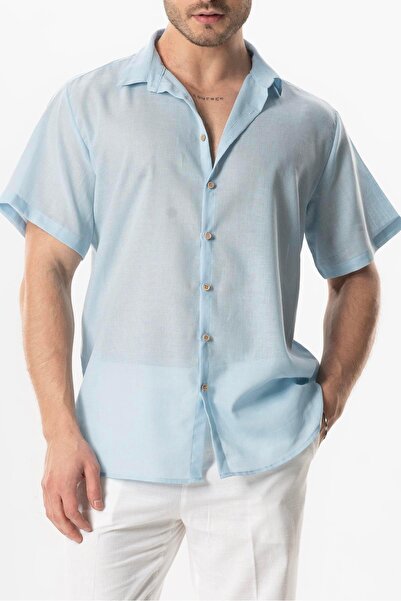Eliş Şile Bezi Cămașă de vară pentru bărbați din popelin cu mânecă scurtă Ice Blue Bmv