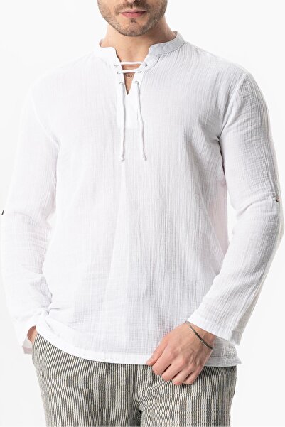 Eliş Şile Bezi Ανδρικό καλοκαιρινό μπλουζάκι με μακρύ μανίκι με λαιμόκοψη με κορδόνια White Byz