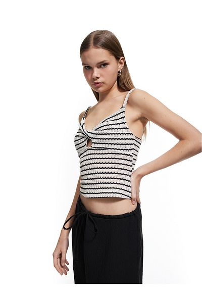 Koton V-Neck Striped Knitted Window Detailed Crochet Top with Rope Strap