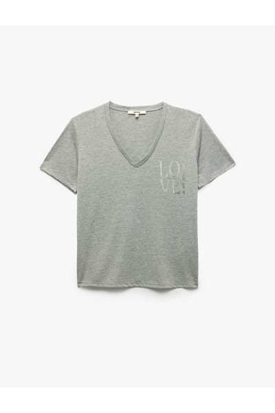 Koton Printed Short Sleeve V-Neck Women's T-Shirt