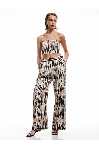 Koton Comfortable Fit Tie Dye Patterned High Waist Palazzo Satin Trousers with Pockets