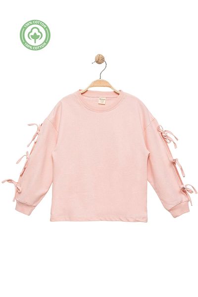 Divonette Girl's 100% Cotton Pink Sweatshirt with Bow - Casual and Stylish Style