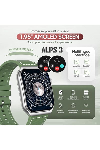 Swiss Military Alps3 Smartwatch 1.96'' AMOLED,BT Calling,Fitness Tracking,Wireless Charging,7-Day Battery-Green