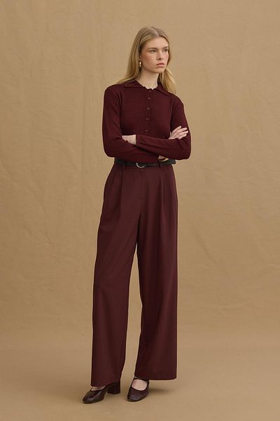 Fahhar Burgundy Double Pleated Trousers