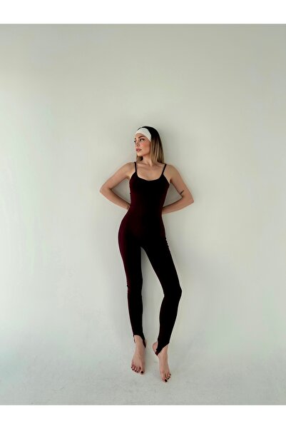 HW Hills Woman Kadın Bordo Yoga Pilates Spor Askılı Bilek Geçmeli Tulum