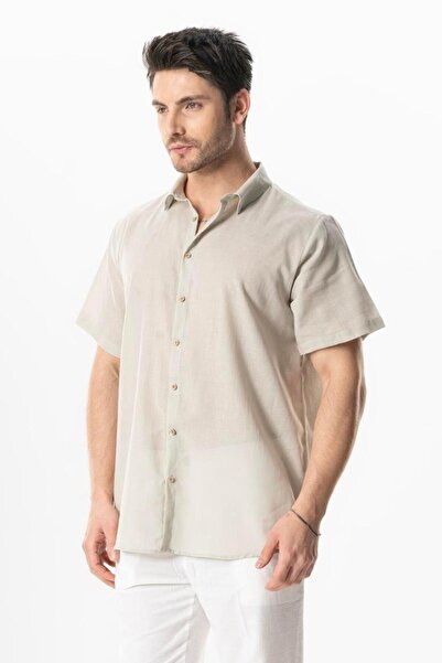 Eliş Şile Bezi Men's Summer Shirt - Poplin Mediterranean Short Sleeve Stone Stone