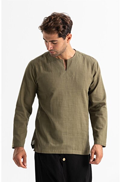 Eliş Şile Bezi Long Sleeve Şile Cloth Crew Neck Men's Summer Tshirt Khaki 3049