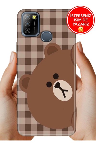 casetube İnfinix Smart 5 Kılıf Desenli Baskılı Lens Korumalı Silikon Ekose Bear