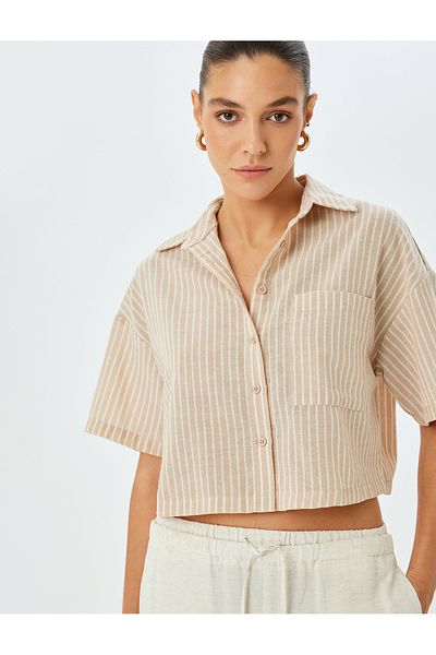 Koton Single Pocket Detailed Short Sleeve Striped Crop Shirt