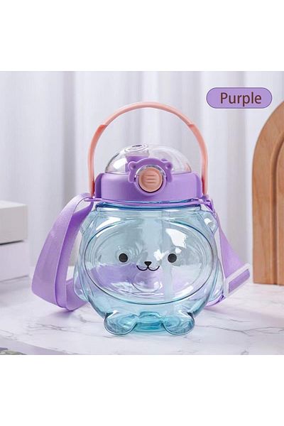 COOYA 1L Drinking Bottle, Cartoon Bear Shape, with Straw, Portable for Outdoor, Purple