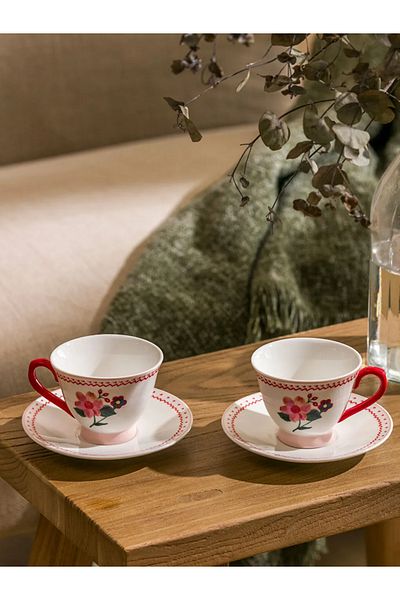 LC Waikiki Lcw Home Pink Flower Printed 2-Person Porcelain Coffee Cup Set 90 ml