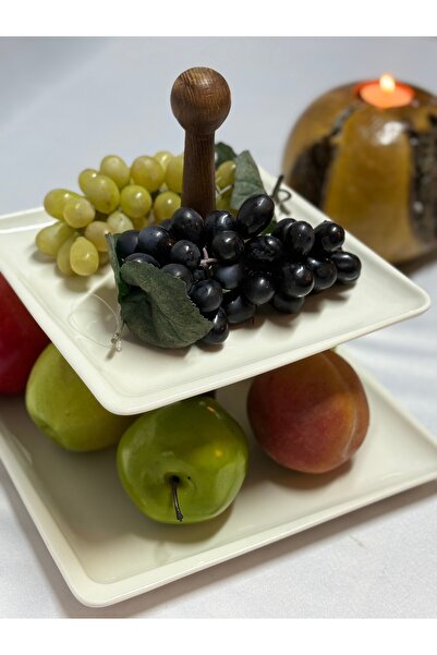 Aless 2 Tier Design Wooden Handle Porcelain Presentation Bowl Fruit Bowl Snack Bowl