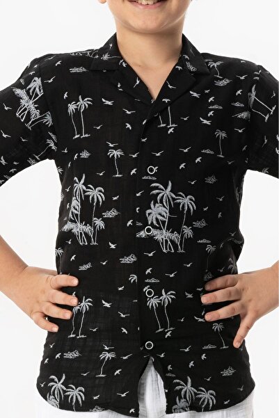 Eliş Şile Bezi Short Sleeve Şile Cloth - Printed Children's Summer - Black Shirt