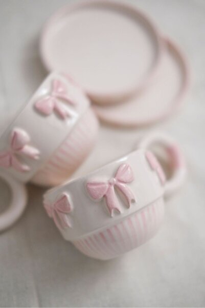 woness studio El Yapımı Kurdele Fiyonk Seramik Kahve Fincanı 1 Kişilik 140 ml