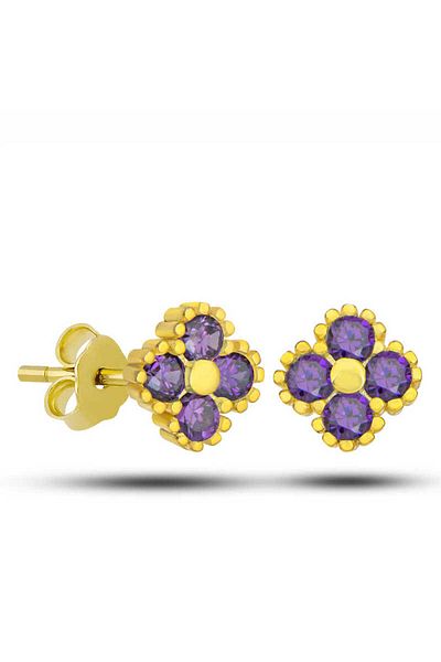 Skygo Purple Stone Clover Studded Silver Gold Children's Earrings