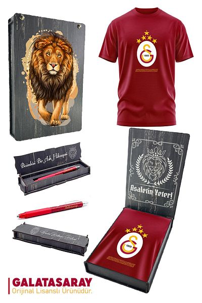Galatasaray Original Licensed 5 Star T-Shirt and Nib Pen Set with Wooden Box