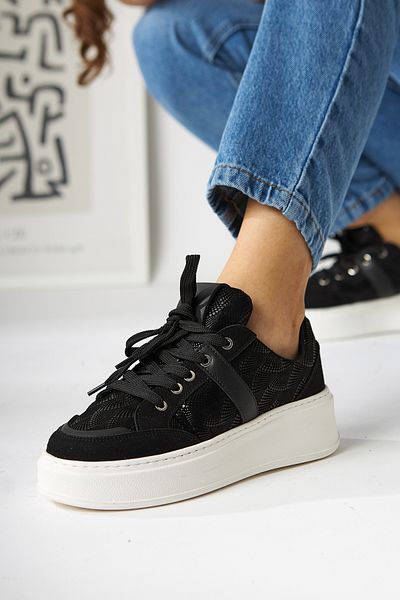 Limoya Pantofi de damă Julissa din piele intoarsa neagra cu model stralucitor cu talpa groasa