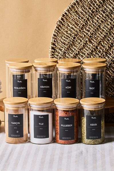 Perotti Eraldo 12 Li Bamboo Lid Borosilicate Glass Spice Rack 250 ml 10X6 cm 30 Tags Gift