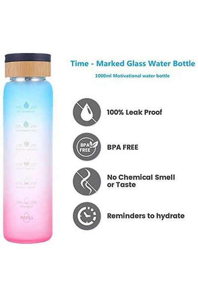 COOYA Water bottle, Borosilicate Glass Water Bottle 1000ML, with Time Marker Water Bottles, Gradient color