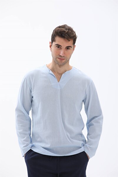 Eliş Şile Bezi Καλοκαιρινό μπλουζάκι με μακρύ μανίκι σε μεγάλο μέγεθος, υφασμάτινο μπλουζάκι με λαιμόκοψη, Ice Blue 3027