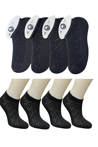 Marlin 4 Çift Siyah Dantelli File Kadın Pamuklu Patik Çorap(NEFES ALABİLEN-ES...