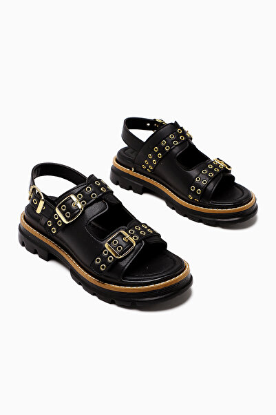 Limoya Julija Black Double Strap Studded Detail Thick Sole Women's Sandals Opportunity Product