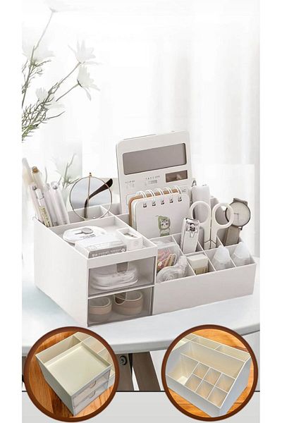 Bayev Desk Top 2 Drawer Organizer - Office Cosmetics Stand with Pen Holder Compartments