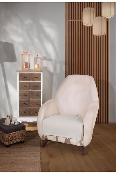 Lux Touch Liva Pompom Ecru Armchair - 1 Armchair Combination 115X90 cm
