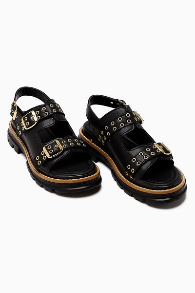 Limoya Julija Black Double Banded Stud Detailed Thick Sole Women's Sandals