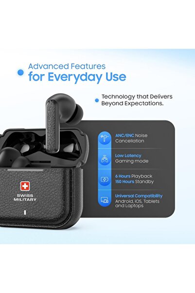 Swiss Military سماعات أذن Victor RT75 PRO ANC - ENC، وضع الشفافية، LDAC عالي الدقة، Smart Touch، وضع الاستعداد لمدة 180 يومًا - أسود