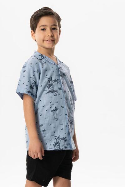Eliş Şile Bezi Cămașă De Vară Copii Imprimată Pânză Sile Cu Mânecă Scurtă Ice Blue Bmv