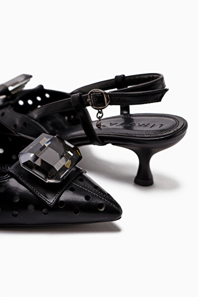 Limoya Ela Siyah Sivri Burunlu Lazer Kesim Taşlı Kadın Topuklu Ayakkabı