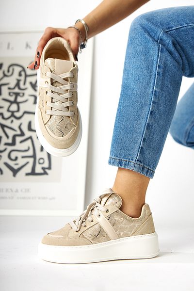 Limoya Julissa Beige Suede Shiny Patterned Thick Sole Women's Sneakers