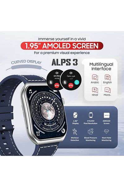 Swiss Military Alps3 Smartwatch 1.96'' AMOLED,BT Calling,Fitness Tracking,Wireless Charging,7-Day Battery-Blue