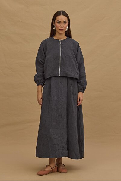 Fahhar Anthracite Cropped Bomber Skirt Suit