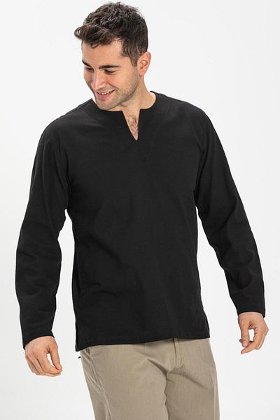 Eliş Şile Bezi Large Size Long Sleeve Şile Cloth Crew Neck Summer Tshirt Black 3003