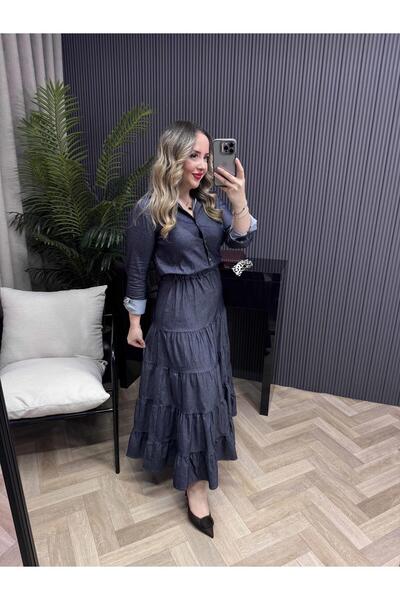 Byelifdursun Carla Beli Lastikli Tasarım Denim Elbise