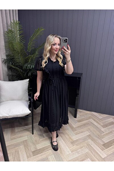 Byelifdursun Mila Puantiye Detaylı Firfirli Tasarım Şifon Elbise Siyah