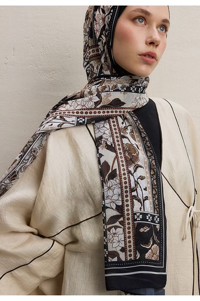 Fresh Lilie Motif Silk Shawl, Black