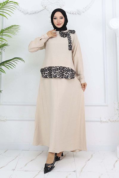 benguen Leopard Patterned Suit - 4804 Color Stone with Ribbon Detail