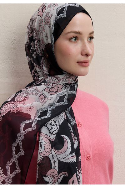 Fresh Poppies Pattern Silk Crepe Shawl Black