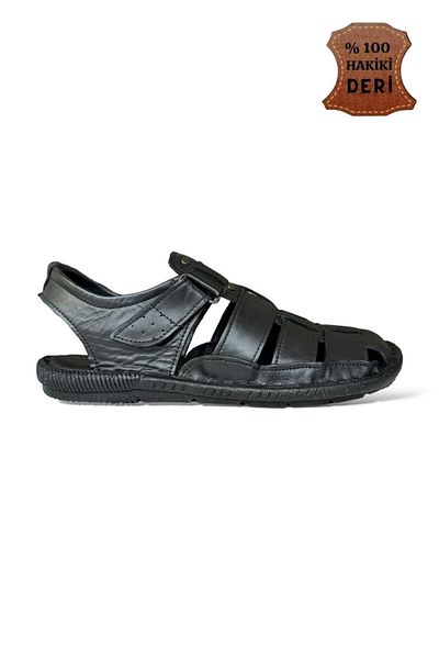 Liger Sandale cu velcro din piele naturală pentru bărbați BLACK-SMOKE