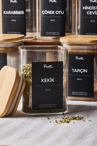 Perotti Gildo 12 Li Bamboo Lid Borosilicate Glass Spice Rack 200 ml 8X6 cm 30 Tags Gift