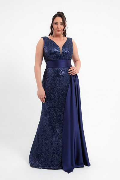 Lafaba Women's Navy Blue Waist Draped Sequin Sequin Long Plus Size Evening Dress