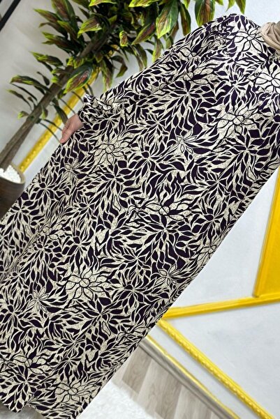 Elmas Tesettür Γυναικεία Ρούχα Μασούρι Φόρεμα Ολόσωμο με Μοτίβο Φύλλων Μεγάλου Μεγέθους