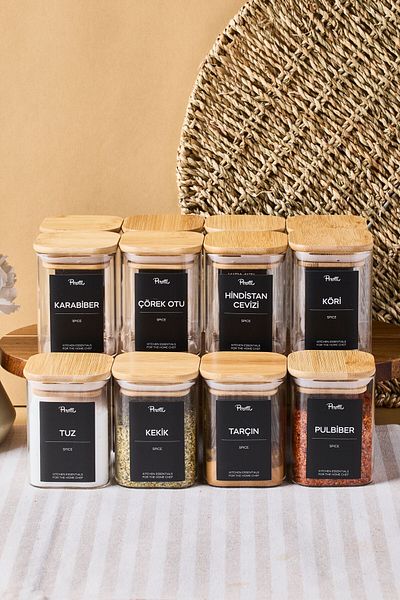Perotti Gildo 12 Li Bamboo Lid Borosilicate Glass Spice Rack 200 ml 8X6 cm 30 Tags Gift