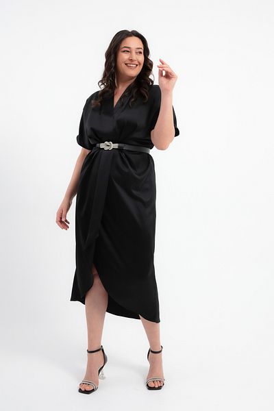 Lafaba Rochie midi de damă, neagră, cu decolteu în V, cu centură de piatră