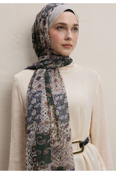 Fresh Beige Silk Crepe Shawl Ethnic Figure Pattern