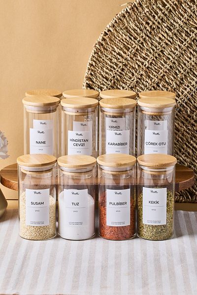 Perotti Eraldo 12 Li Bamboo Lid Borosilicate Glass Spice Rack 300 ml 12X6 cm 30 Tags Gift
